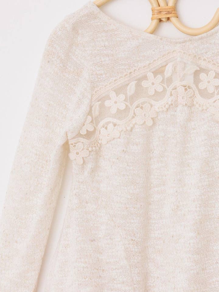 Oatmeal Girls Western Embroidered Lace Long Sleeve Top for wholesale on Faire3