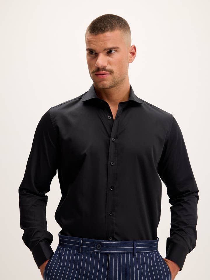 Mænds kjole i ren bomuld med spændt krave Shirt-Jet Black for engroshandel hos Ron Tomson