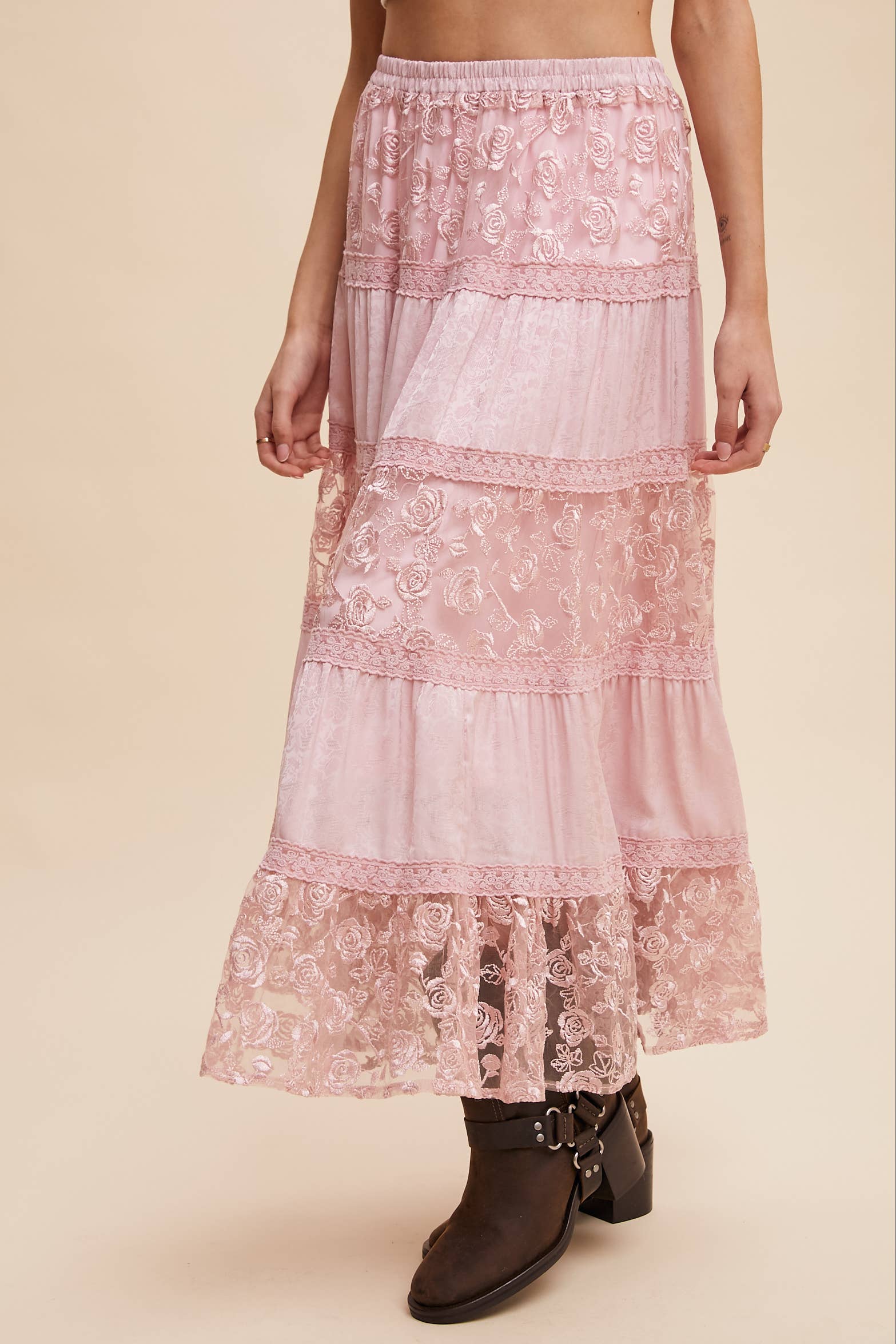 Listicle - Vente Jupe – femme - Jupe longue à volants brodée de fleurs2