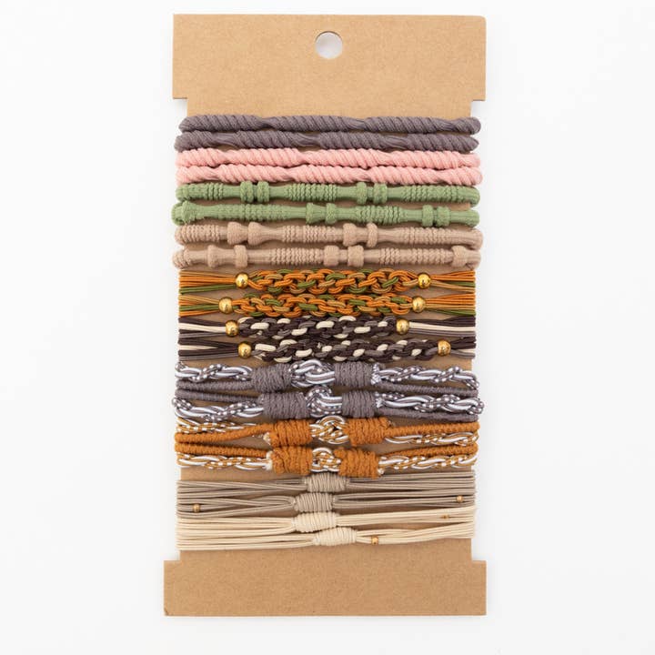 Multi Colored Retro Bohemian Stackable Hair Tie Bracelet Set ☮️ for wholesale on Faire