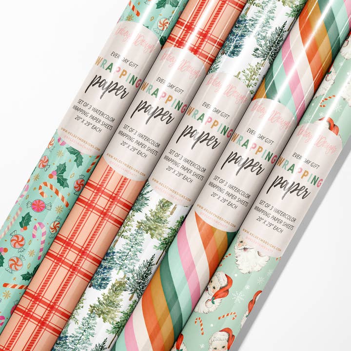 KelseyMDesigns - Wholesale Wrapping Paper Roll - Evergreen Christmas Trees Wrapping Paper - 3 Sheet Roll