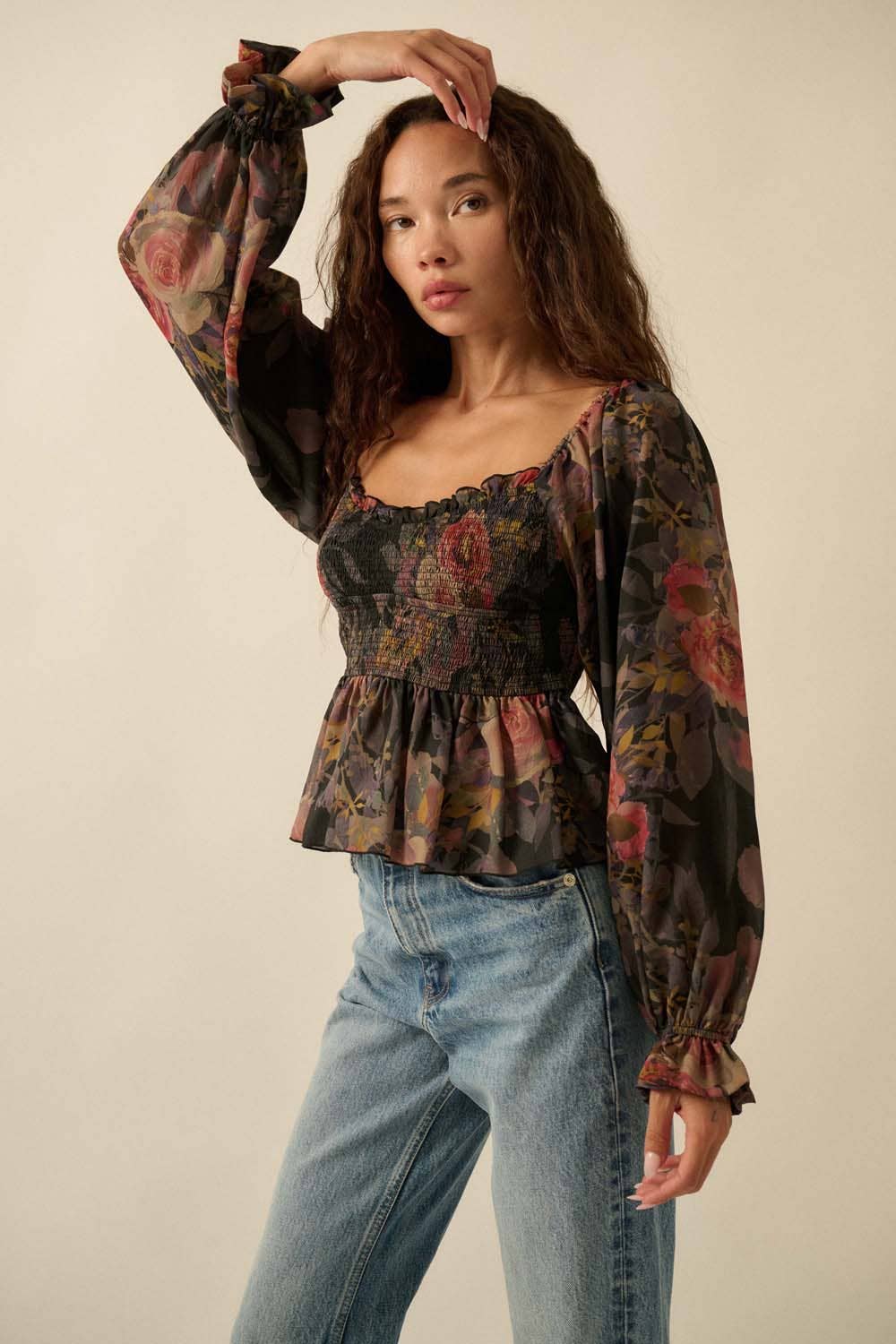 Promesa USA - Wholesale Blouse - Women's - Floral-Print Smocked Sweetheart Peplum Peasant Top4