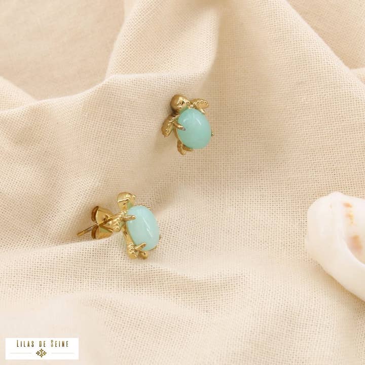 Lilas de Seine - Venta al por mayor Pendientes colgantes - Pendientes de acero tortuga cabujón piedra nácar 0324195