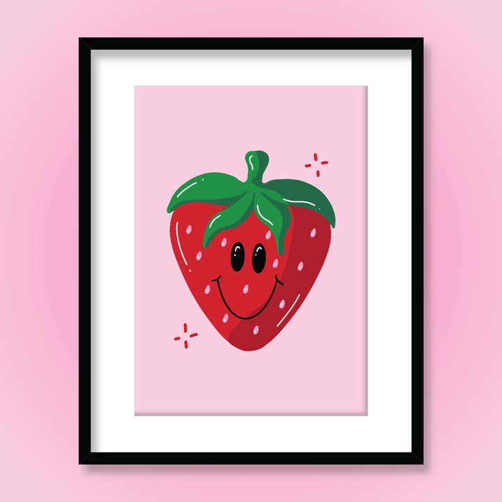 Y2K 90er Jahre Funky Smiley Face Erdbeerfrucht Kunstdruck für den Großhandel von Ruby Roller Art