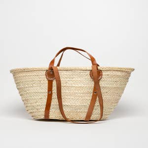 Straw Tote Bag French Basket Double Handle Flat Leather and Rope