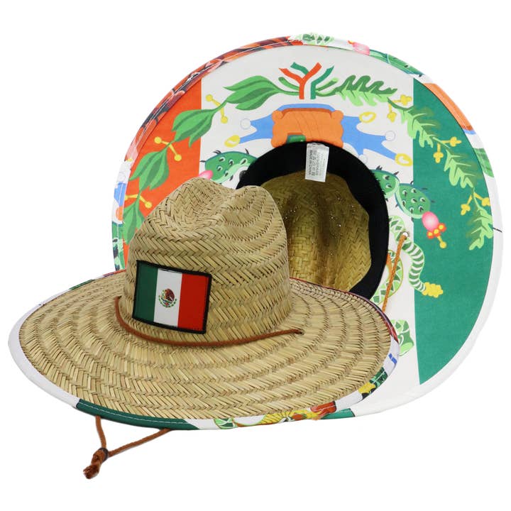 Cap Zone - Wholesale Straw Hat - Unisex - Mexican Flag Under Brim Rush Straw Lifeguard Hat0
