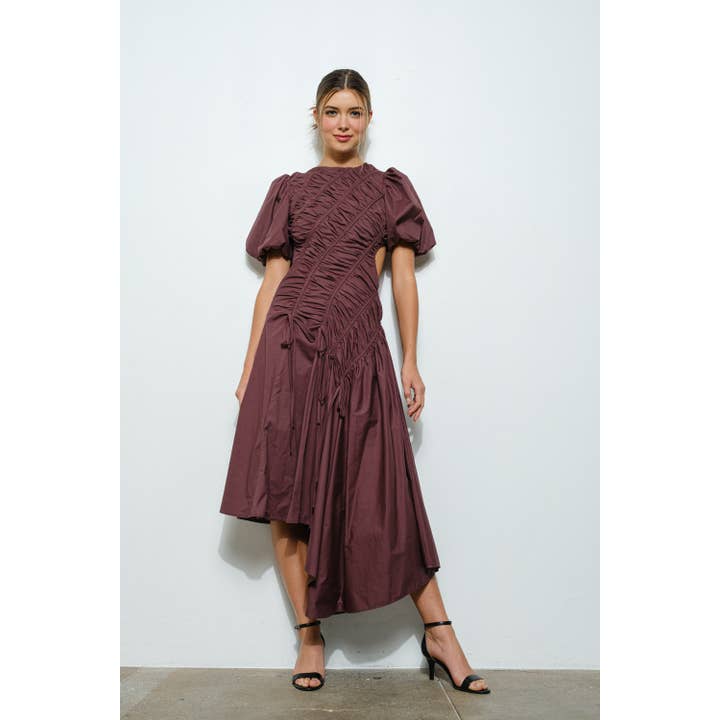 INA - Wholesale Dress - Women's - Cotton Short Puff Sleeve Drawstring Midi Dress