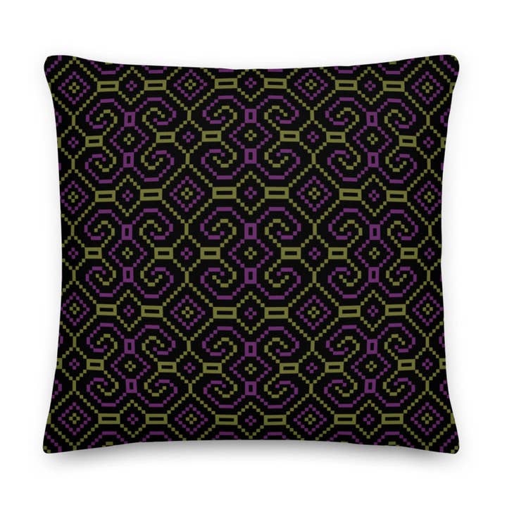 Coussin Shipibo-Conibo - Violet Olive sur Noir pour la vente par symbolika