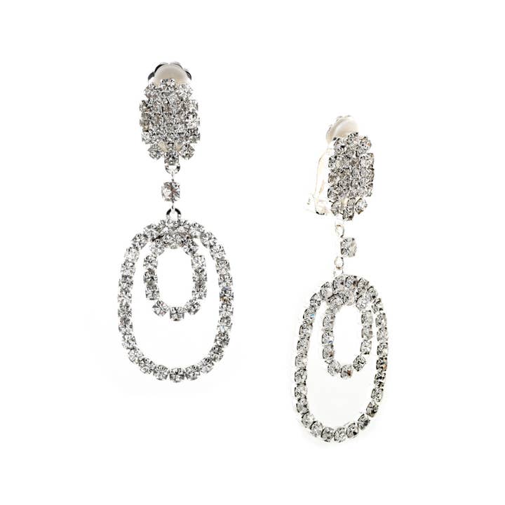 Cool Crystals - Wholesale Dangle Earrings - Silver Crystal Rhinestone Double Oval Dangle Earrings