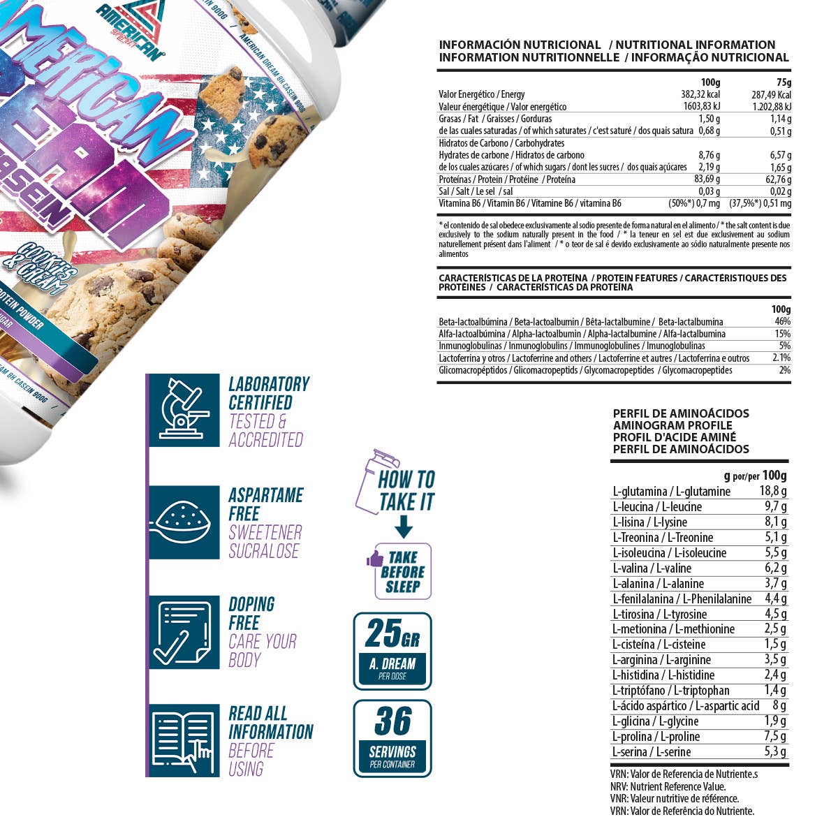 AMERICAN SUPLEMENT S.L. - Vendita all'ingrosso Vitamine/integratori orali - American Supplement | Caseina micellare | 900 grammi8