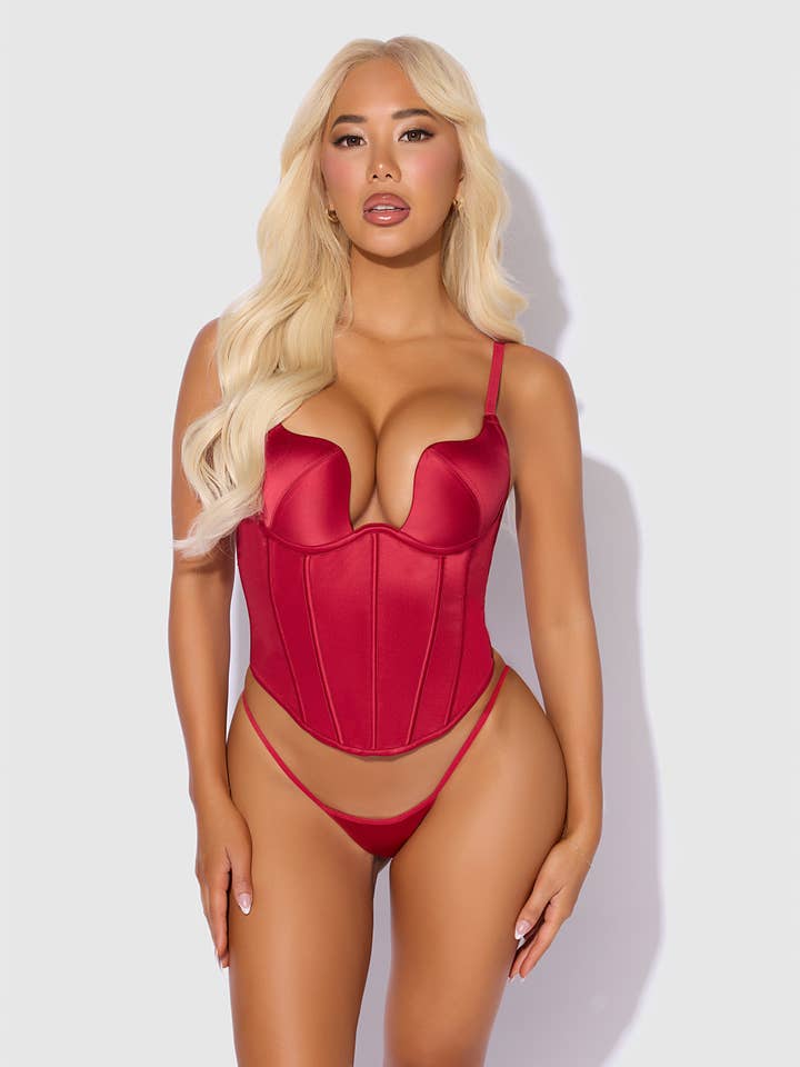 CRIMSON RED BRIGETA SATIN PLUNGE PUSH UP BUSTIER & G-STRING SET for wholesale on Faire