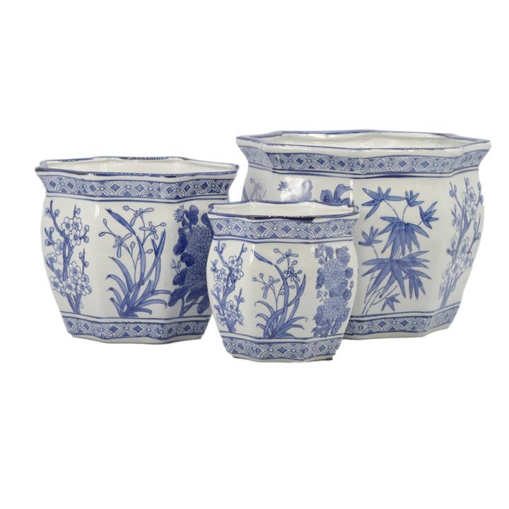 Galt International Company - Wholesale Plant Pot - Set of 3 - 7.5"/10"/13" Ceramic Chinoiserie Planter Pot Set