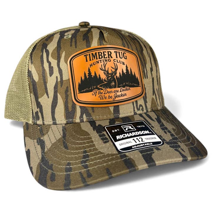 Timber Tug Hunting Club, Camo Hunting Hat, Funny Deer Hunting Hat, Richardson 112 Trucker, Leather Patch Hat, Hunting Club Hat for wholesale by Brave Mind Hat Co