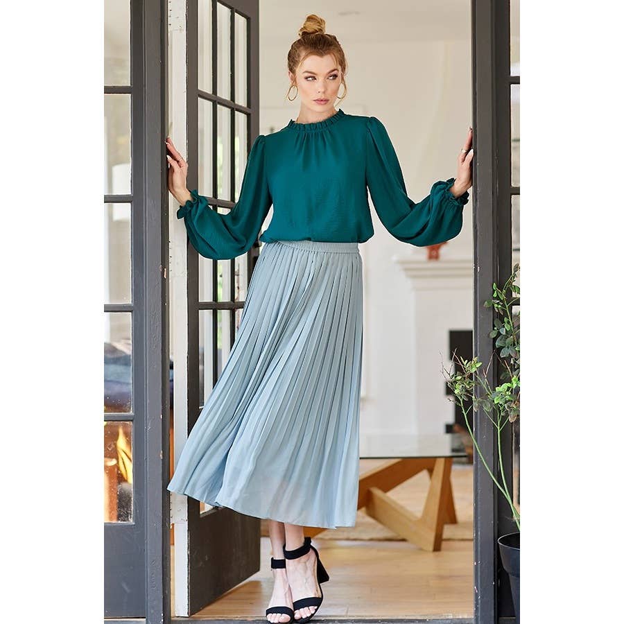 LIME N CHILI - Wholesale Blouse - Women's - Solid Ruffle Mock Neck Balloon Sleeve Blouse11