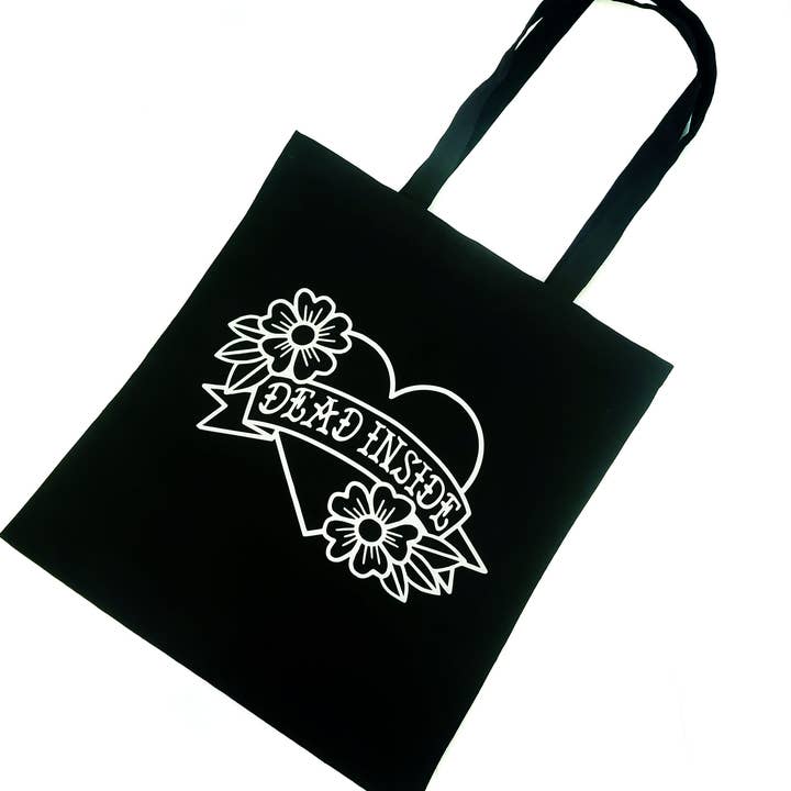 Dead Inside Tattoo Heart Tote Bag Black Cotton Reusable for wholesale by Printy Vibes