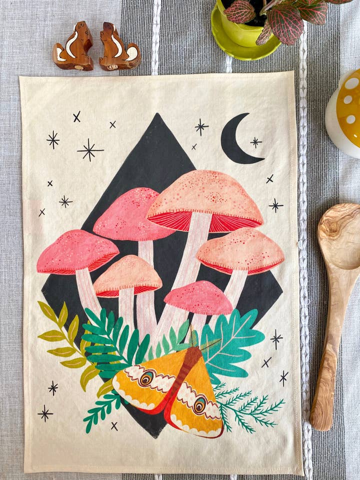 Midnight Mushrooms Linen Cotton Handmade Tea Towel for wholesale by Dream Folk Studio