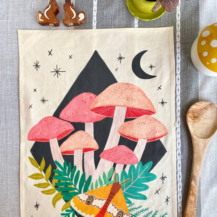 Dream Folk Studio - Wholesale Tea Towel - Midnight Mushrooms Linen Cotton Handmade Tea Towel0