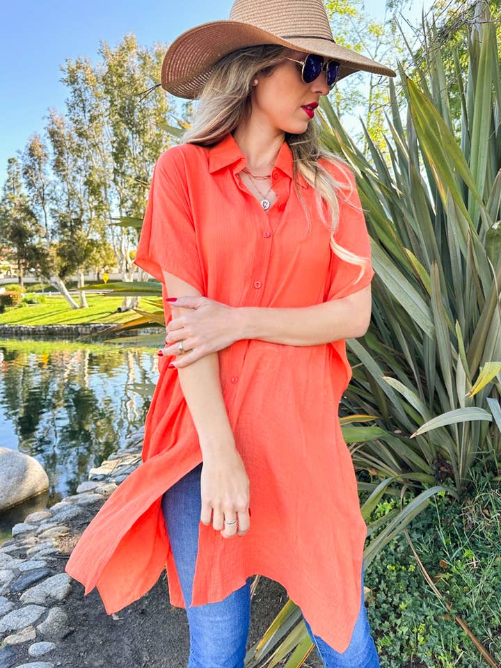 Orange Oversized Sleeveless Button-Down Shirt with SideSlits for wholesale by AMOLI