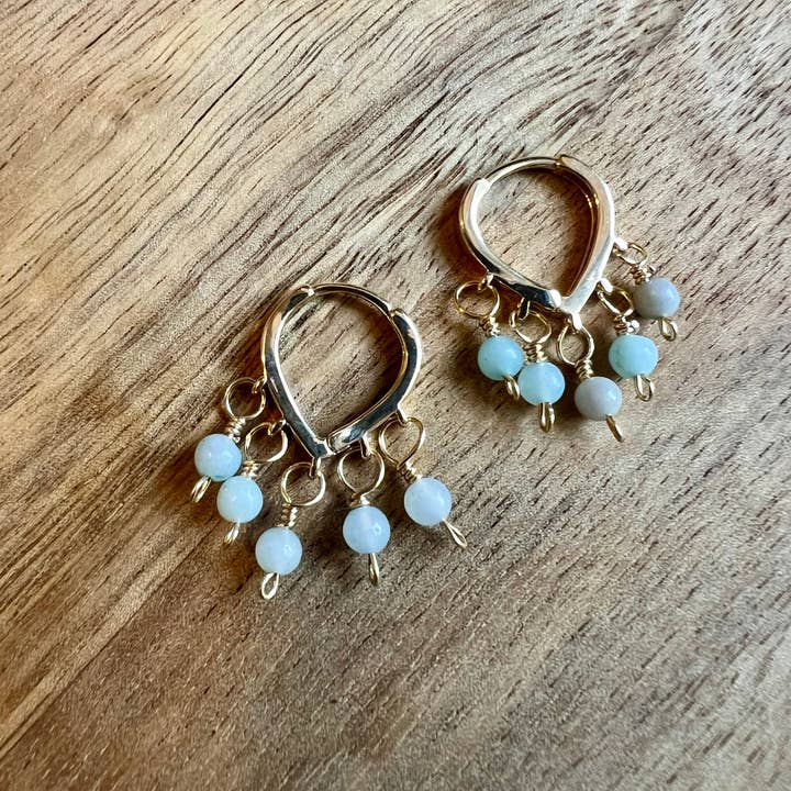 Petite gold hoops with amazonite stones for wholesale by Rising Dawn Boutique