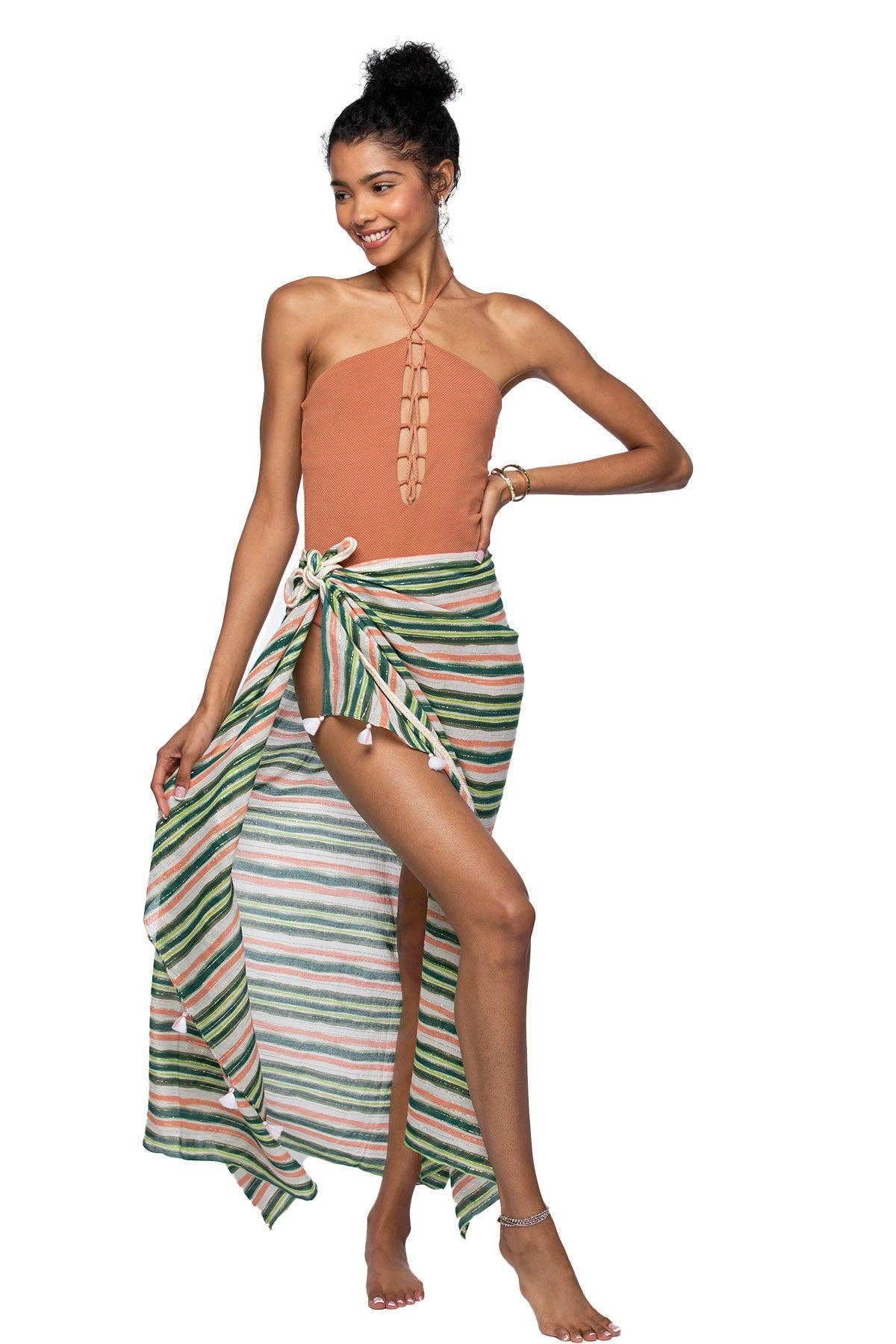 Braided Multi-Wear Sarong Wrap in Citrus Stripe Print for wholesale on Faire