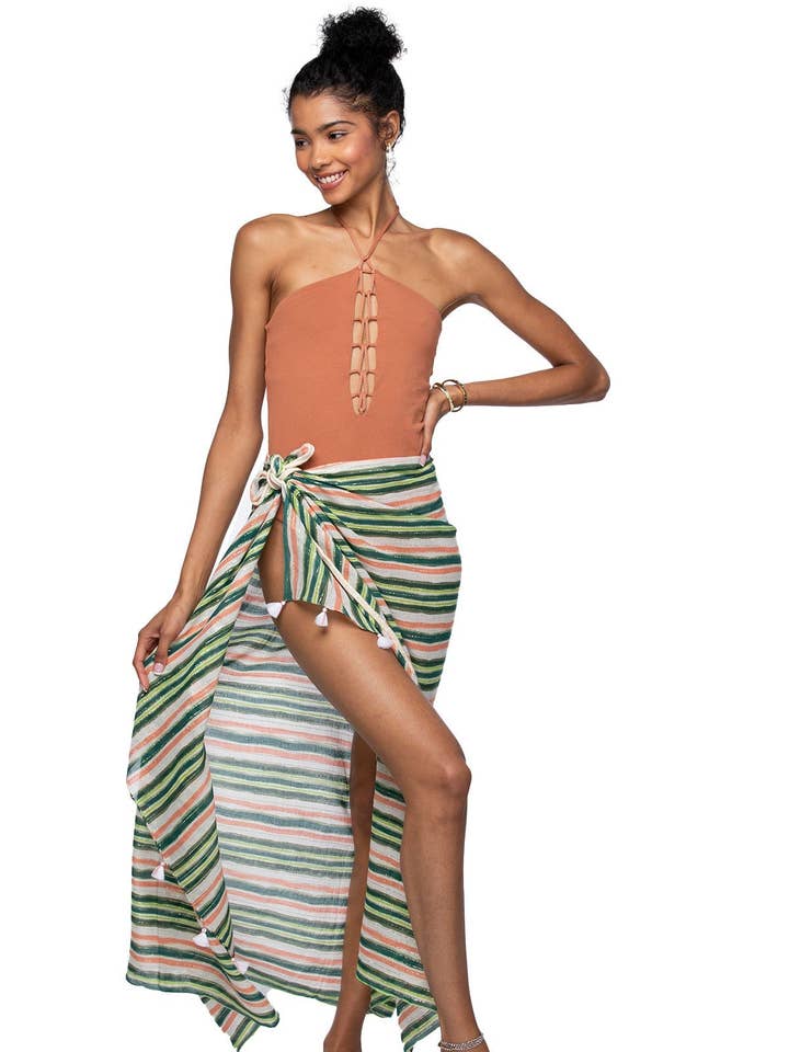 Braided Multi-Wear Sarong Wrap in Citrus Stripe Print for wholesale on Faire