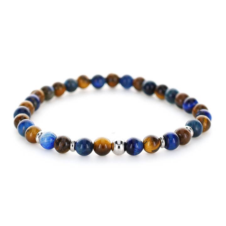 Bracelet in Tiger Eye, Blue and Brown with Metal Accents for wholesale by MWM fashion