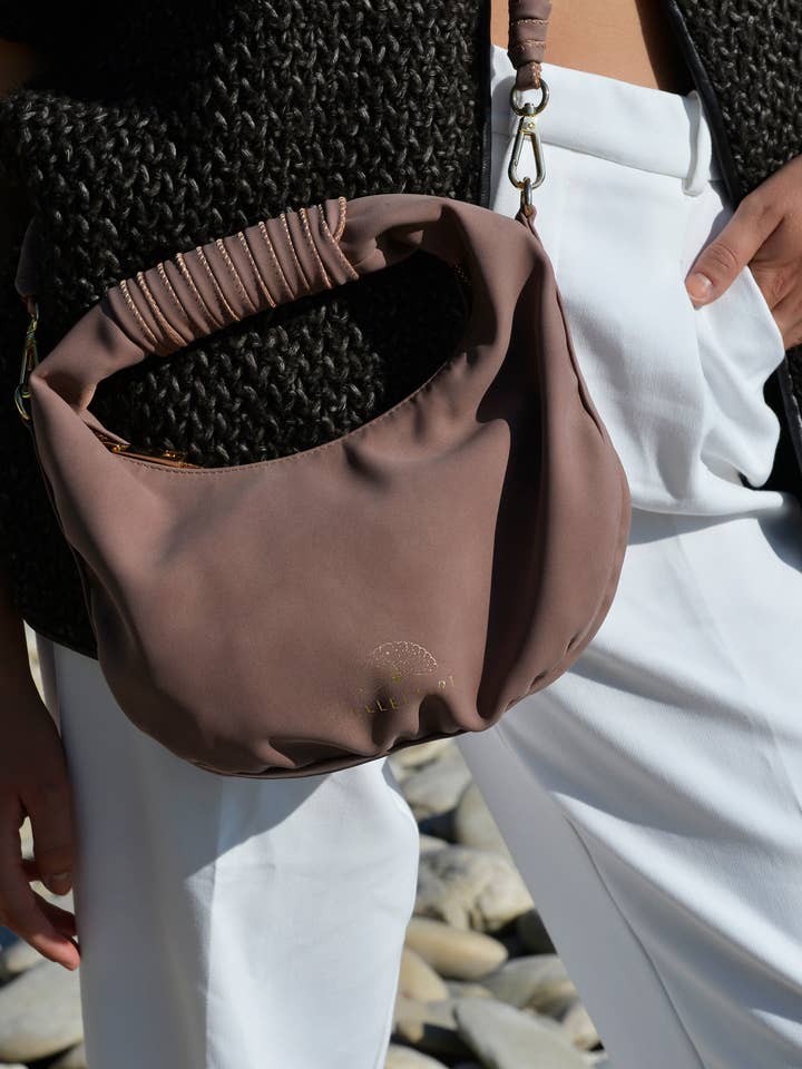 Sienna Crossbody handbag made from recycled vegan material in Dark Rose Taupe for wholesale by Ellefaire