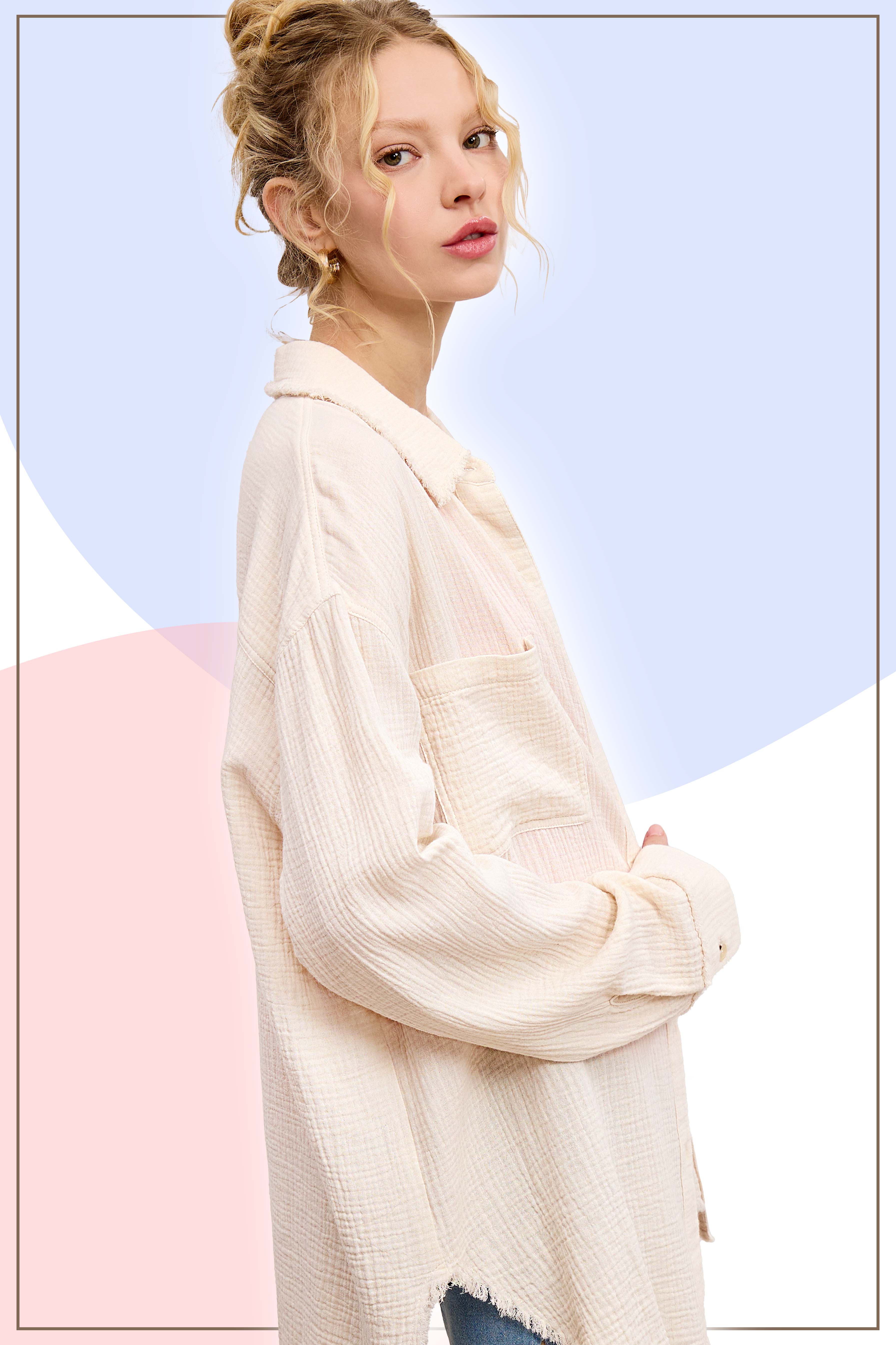 La Miel - Wholesale Button Down Shirt - Women's - SRT7448-Soft Washed Crinkled Gauze Button Down Shirts10