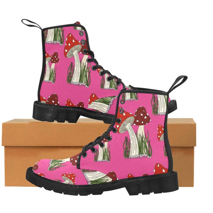 Women’s boots mushroom print, hot pink for wholesale by ShawnnaRaeArt