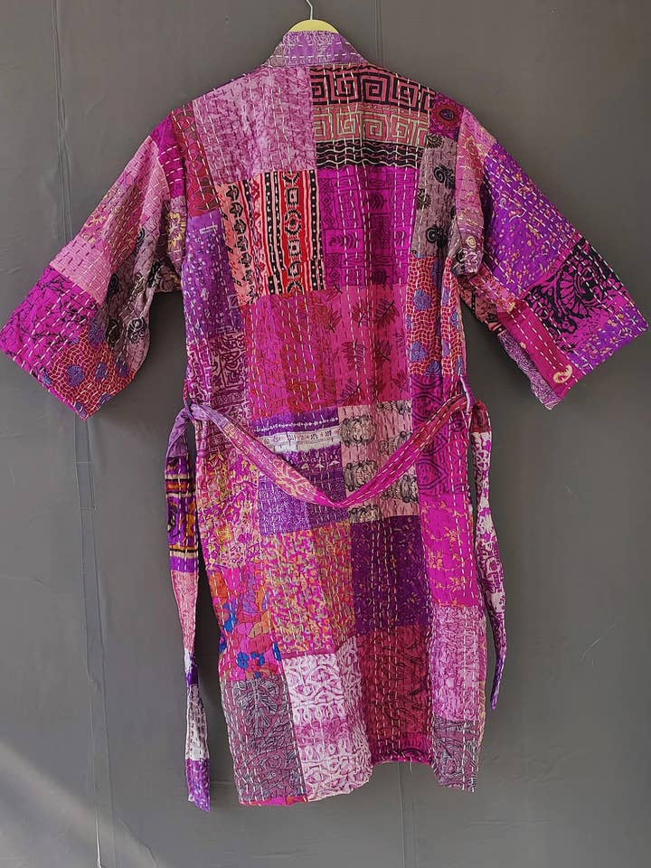 bhavnas boutique - Wholesale Kimono – Women's - Women Sari Kantha Kimono Robe Patchwork Jacket Bathrobe3