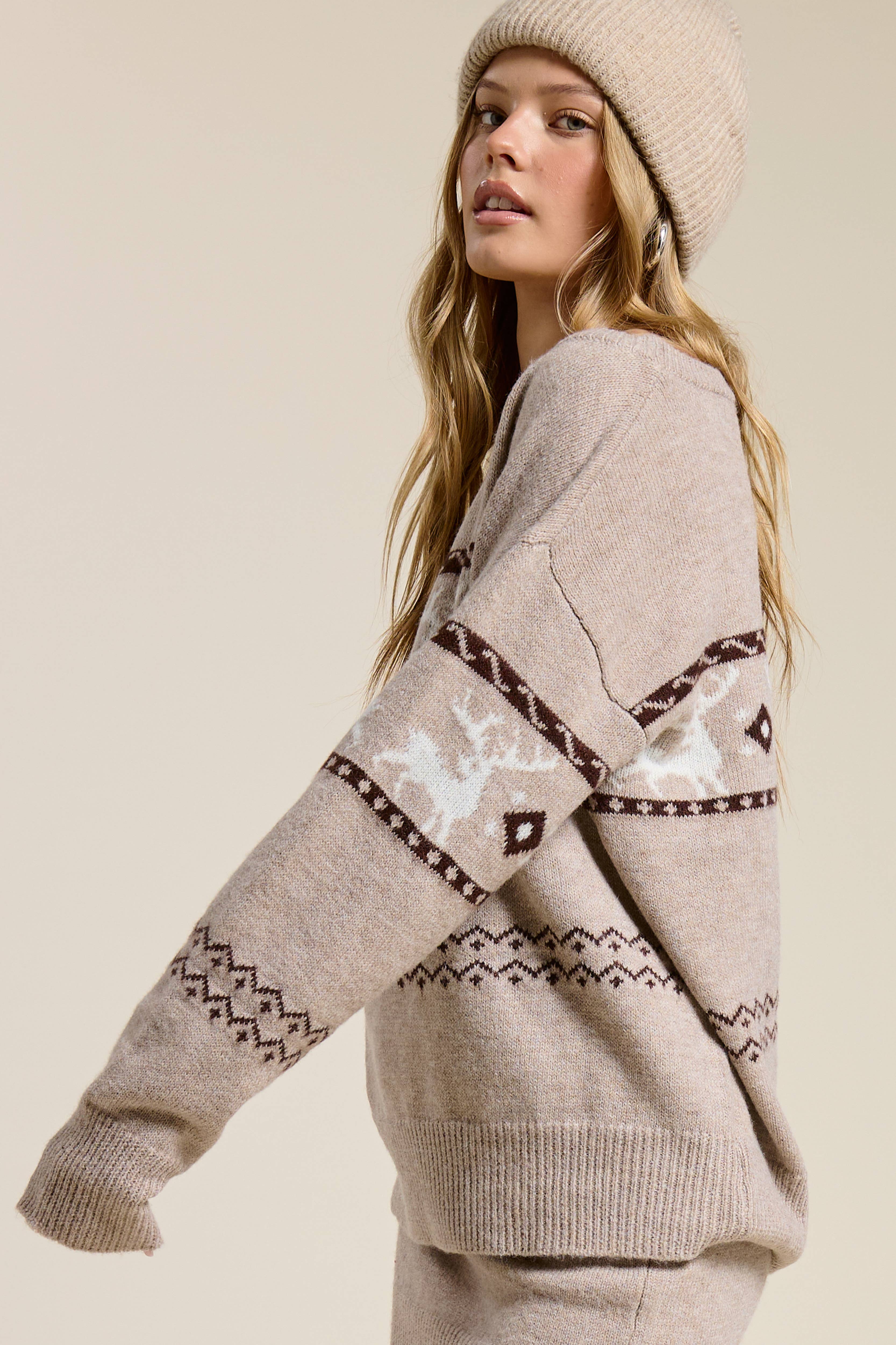 Mimosa - Wholesale Top & Skirt Set - Women's - Reindeer Jacquard Knit Sweater and Skirt Set11