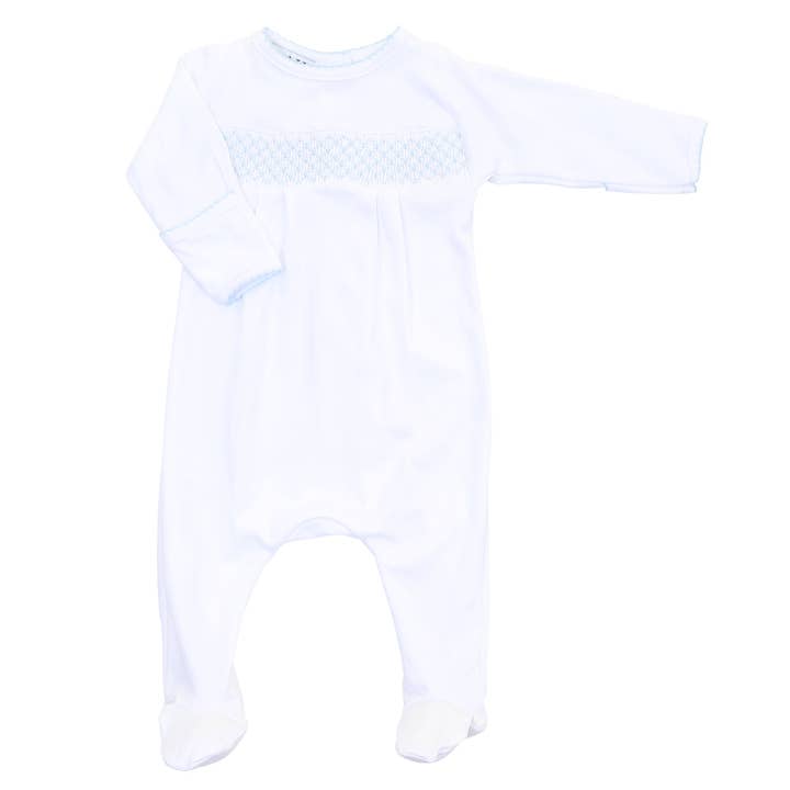 Solid Essentials White Blue Smocked Footie for wholesale by Magnolia Baby