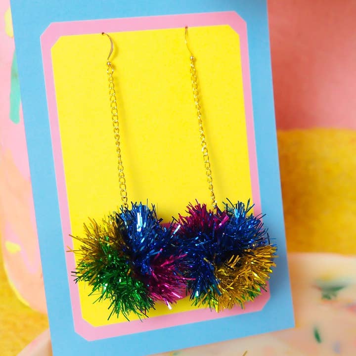 Pendientes pequeños de oropel arcoíris, joyas navideñas y otoñales para venta al por mayor de Fat Pom Poms