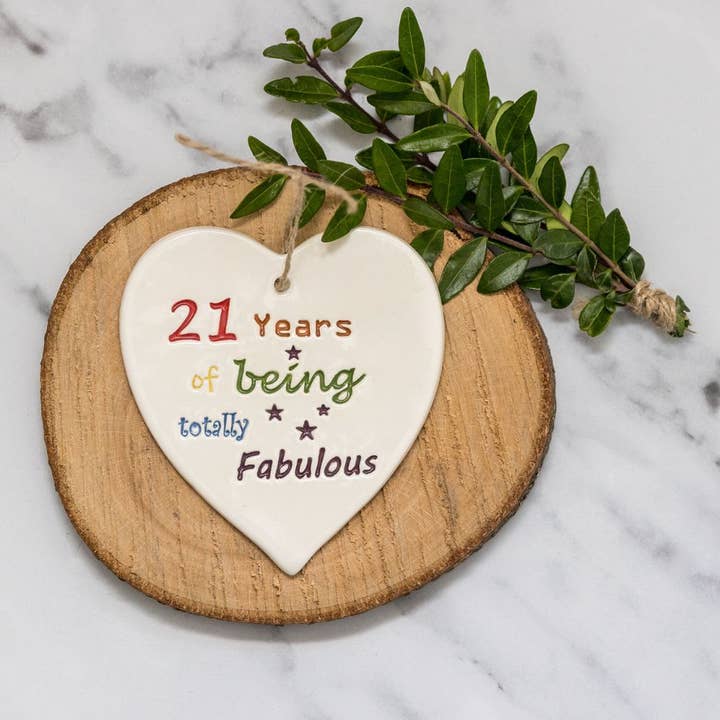 Birthday - 21 yrs, totally fabulous - Handmade ceramic heart for wholesale by Broadlands Pottery