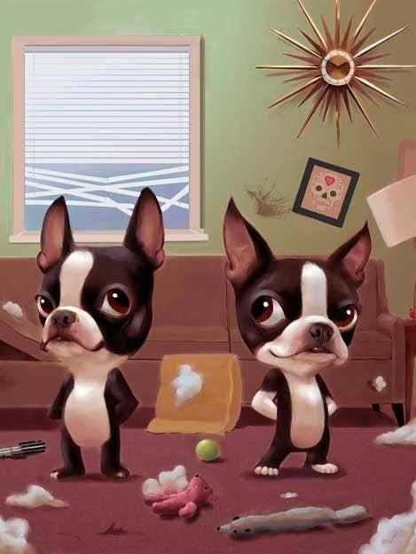 Boston Terrier, midden eeuw, er een puinhoop van maken, kunstdruk met honden voor wholesale door Brian Rubenacker studios