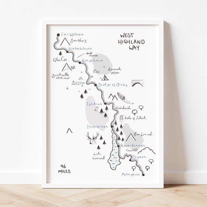 West Highland Way Map Illustration, Customisable, Personalised WHW Print for wholesale by Mads Illustration
