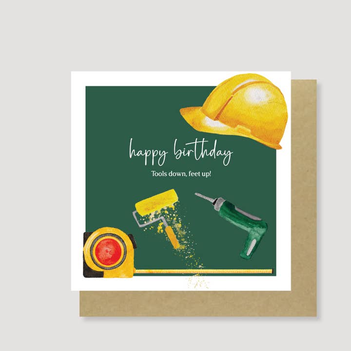 Hand Painted DIY Tools Birthday Greeting Card - Eco Friendly for wholesale by Heather Trefusis Art - Greeting Cards (*US Duties Paid*)