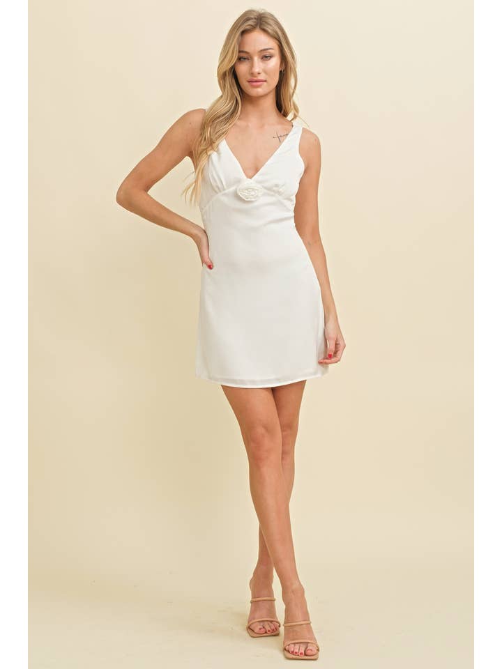 White CD11281B - ROSE DETAIL PLUNGE NECK MINI DRESS for wholesale on Faire