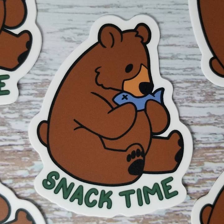 Snack Time Brown Bear Vinyl Sticker for wholesale by Jade Raven Arts
