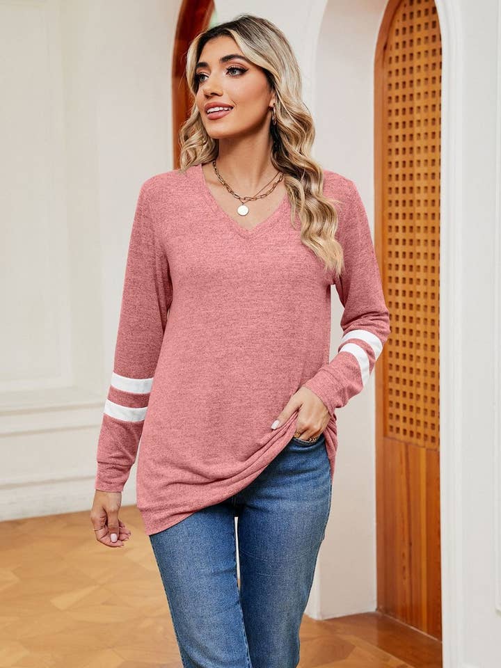 NINEXIS - Wholesale Blouse - Women's - CWTBLL2392_V-NECK LONG-SLEEVED CONTRAST COLOR LOOSE TOP13
