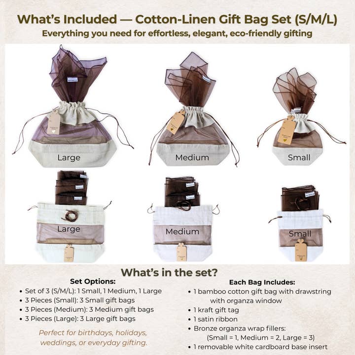 Beauty Blisss - Wholesale Gift Bag Set/Pack - Cotton Linen Gift Bags – Singles & 3-Pc Set (S/M/L)3