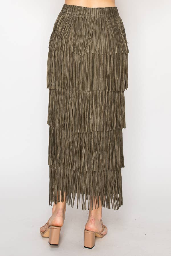 OLIVE Layered Fringe Tiered Maxi Skirt - 4794OLIVE for wholesale on Faire3