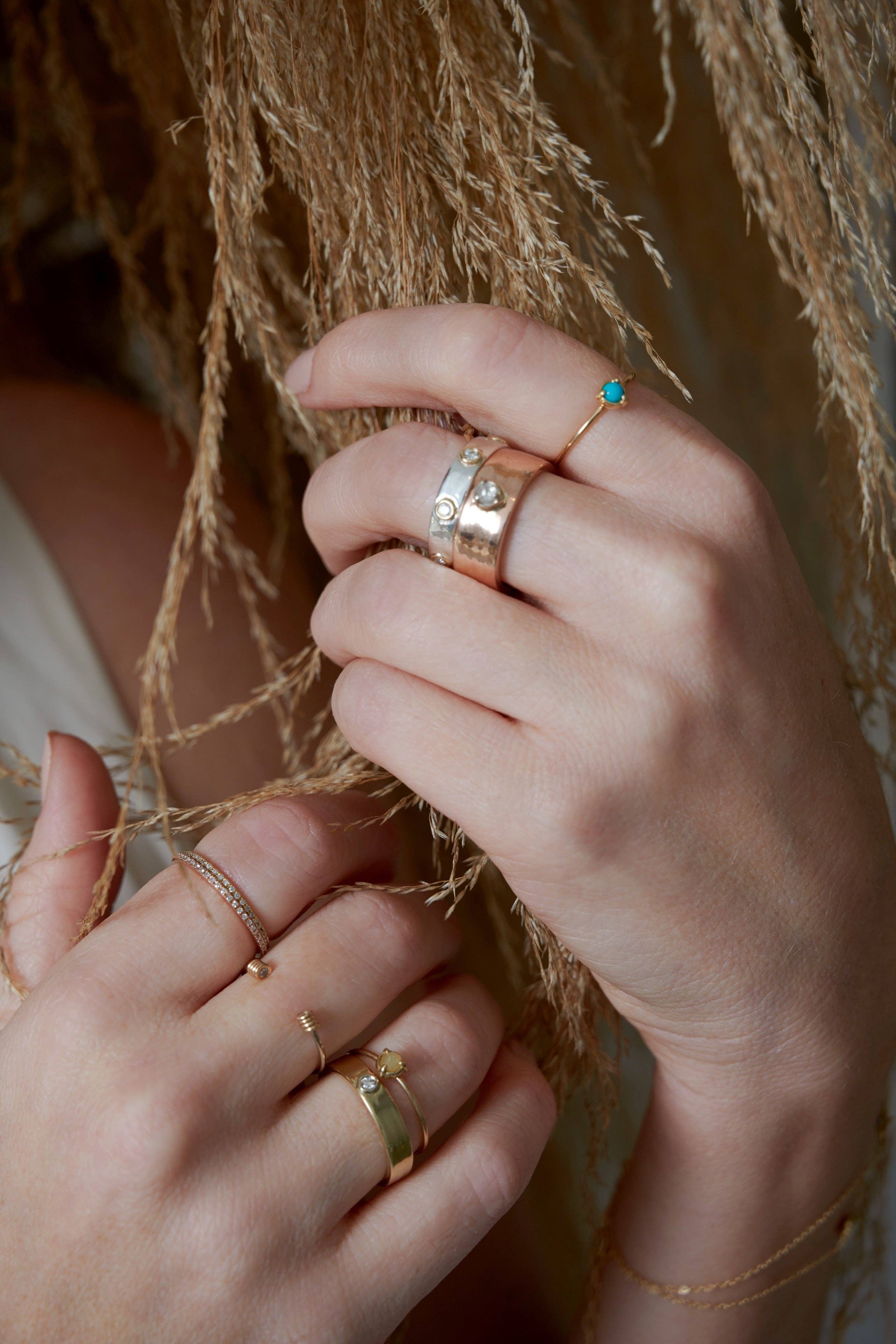 Elliot Young Fine Jewelry - Wholesale Band/Stacked Ring - "Liquid Metal" 14K Gold narrow Hammered Band with Seven Diamonds4