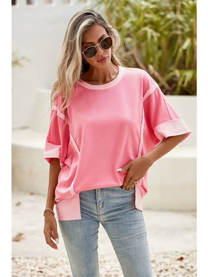 Little Daisy Closet - Wholesale Knit Top - Women's - LDC Half Sleeve Raw Seam High Low Side Split Top
