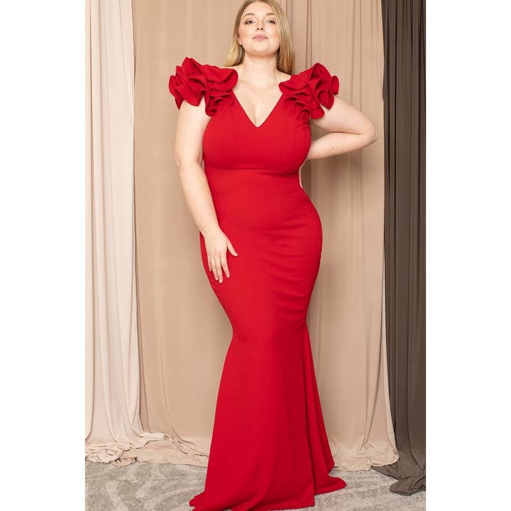 ABITO A SIRENA CON SPALLE ARRICCIATE CON SCOLLO A V TAGLIE FORTI per la vendita all'ingrosso da parte di Curve Market