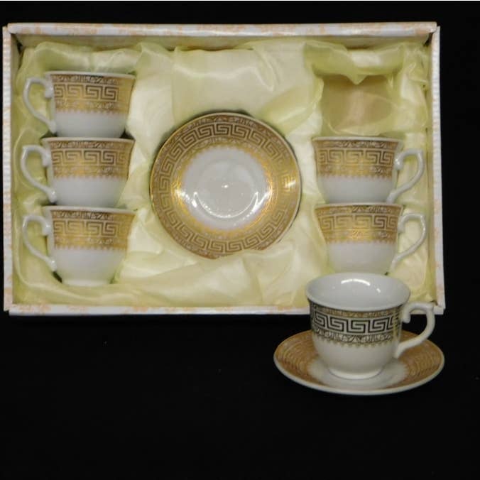 2 Greeks Inc - Wholesale Coffee/tea cup - Set of 6 Greek Coffee Cups with Saucers – Gold Greek Key 0