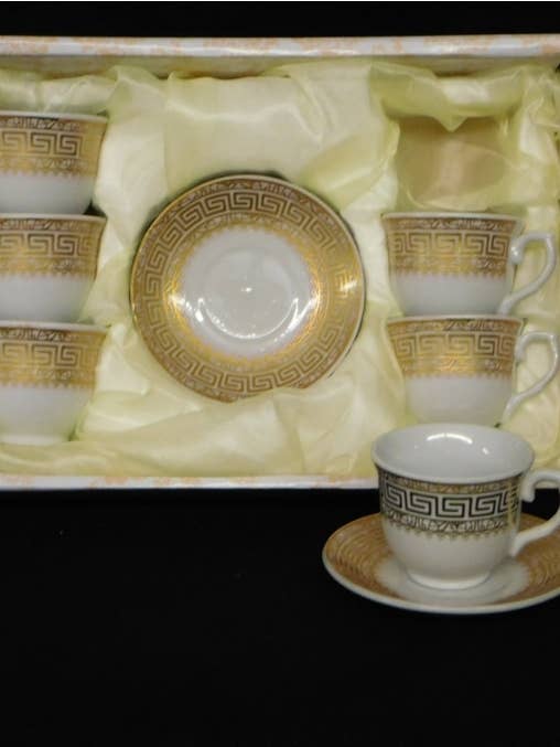 Set of 6 Greek Coffee Cups with Saucers – Gold Greek Key for wholesale by 2 Greeks Inc