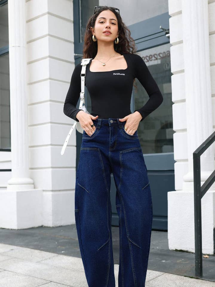 Reyka High Waist Panel Seam Balloon Denim Jeans-Dark Blue for wholesale by Catwalk Wholesale
