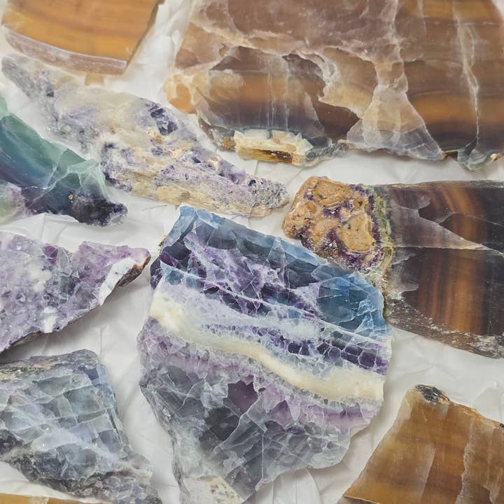 11pcs Fluorite Slabs ~ Bulk Polished Crystals ~ Mineral Flat for wholesale by Aquamarine Daydream Wholesale