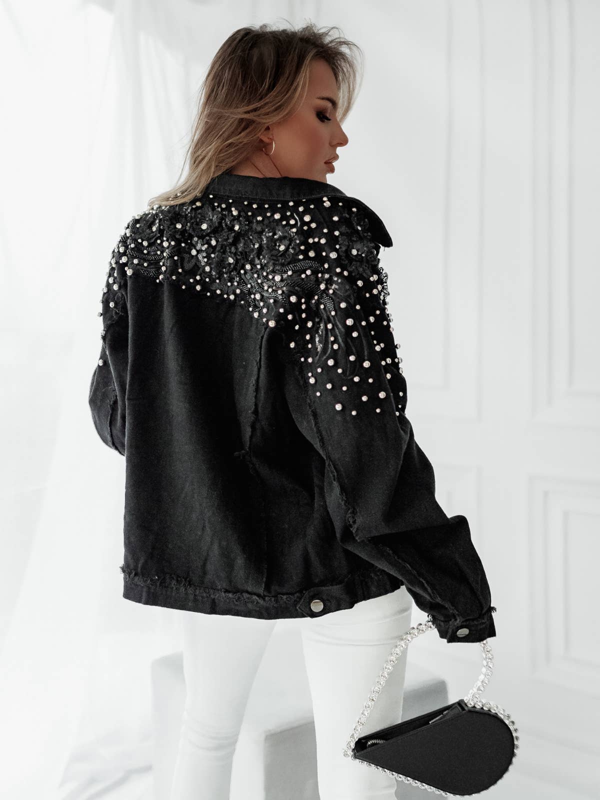Black Oversized Denim Jacket with Pearls & Embroideries for wholesale on Faire2